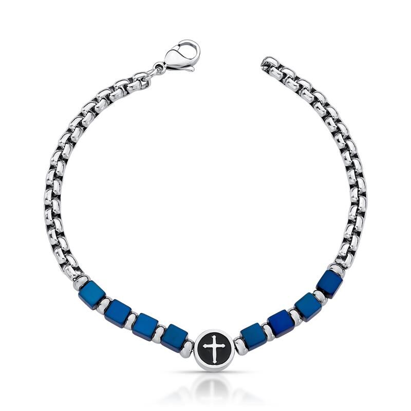 Square Link Bracelet with Cross Pendant – Stainless Steel